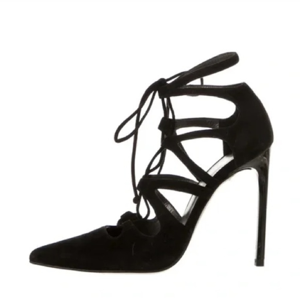 Stuart Weitzman Black Suede Lace-Up Cutout Pointed Stiletto Heels